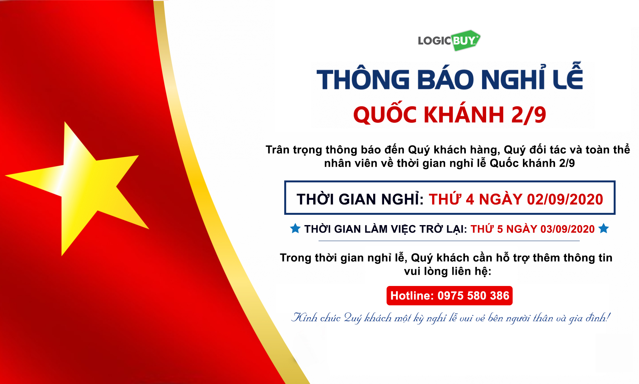 THÔNG BÁO LỊCH NGHỈ LỄ QUỐC KHÁNH 02-09-2020