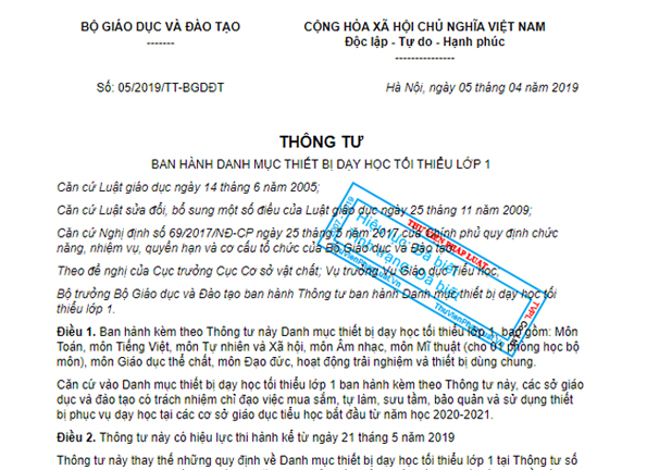 THÔNG TƯ 05/2019/TT-BGDĐT VỀ DANH MỤC THIẾT BỊ DẠY HỌC TỐI THIỂU LỚP 1 DO BỘ TRƯỞNG BỘ GIÁO DỤC VÀ ĐÀO TẠO BAN HÀNH