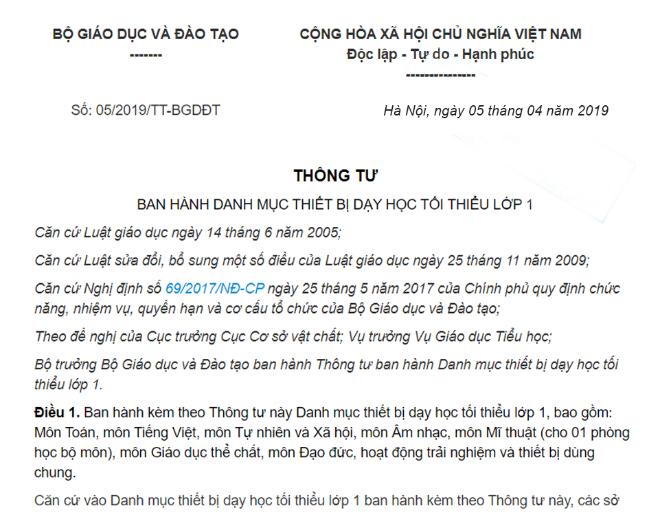 Thông tư 05/2019/TT-BGDĐT về danh mục thiết bị dạy học tối thiểu lớp 1 do bộ trưởng bộ giáo dục và đào tạo ban hành