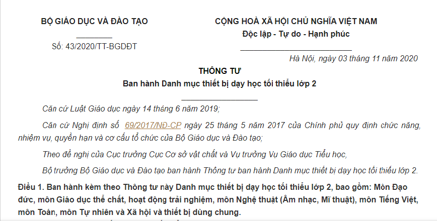 Thông tư 43/2020/TT-BGDĐT Danh mục thiết bị dạy học tối thiểu lớp 2
